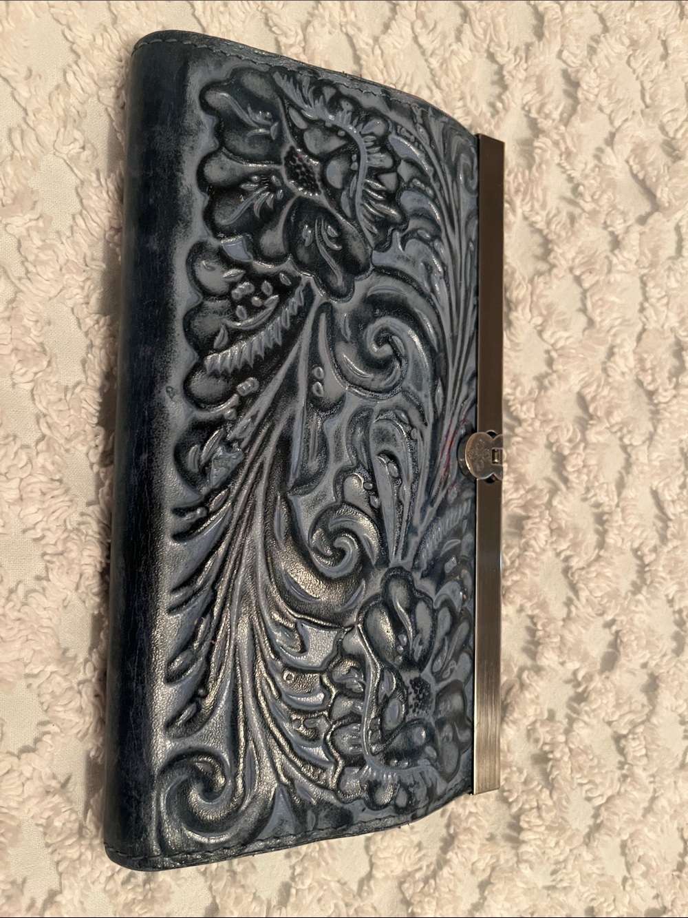 Embossed Floral Leather Clutch Wallet - Blue Patrica NASH